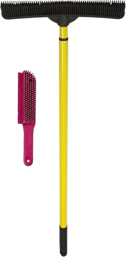 FURemover Pet Hair Removal Rubber Broom, 58" Telescopic Handle with Lint Brush - color: Yellow