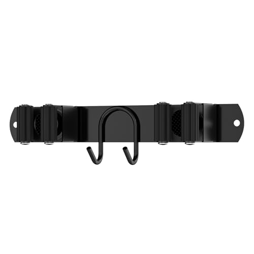 Broom Holder Wall Mount, Stainless Steel Mop and Broom Organizer, Broom Hanger with 2 Slots 2 Hooks for Home Kitchen, Garage, Garden and Laundry Room, Black - color: Black-1 Pack