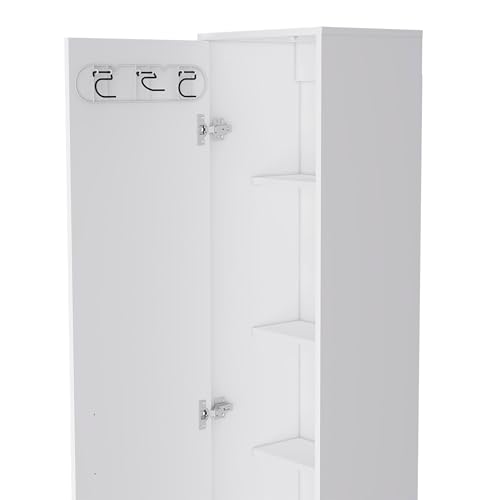 Tall Storage Cabinet with Single Door and 3 Broom Hangers Modern Floor Standing Cabinet for Kitchen Bathroom Laundry Room 70.87" Height White
