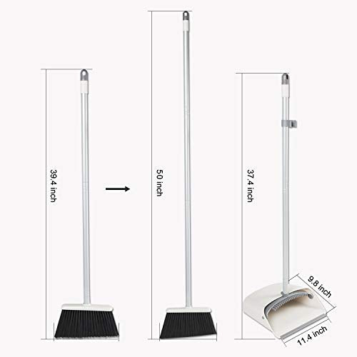 Broom and Dustpan Set, JEHONN Long Handle Lightweight Broom Set Upright Standing Dustpan Stand Up Store Sweep Set for Home Room Kitchen Office Lobby - color: Gray and White