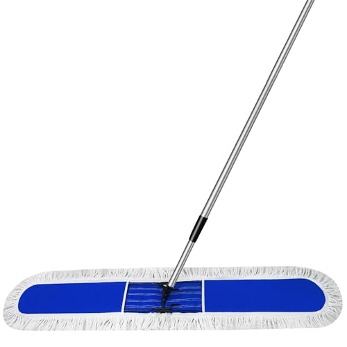 48 inch Commercial Dust Mop for Hardwood Floors, Large Size Dry Mop, Reusable Cotton Yarn Head, Telescopic Stainless Steel Handle, Industrial dust mops for Floor Cleaning, Marble, Blue