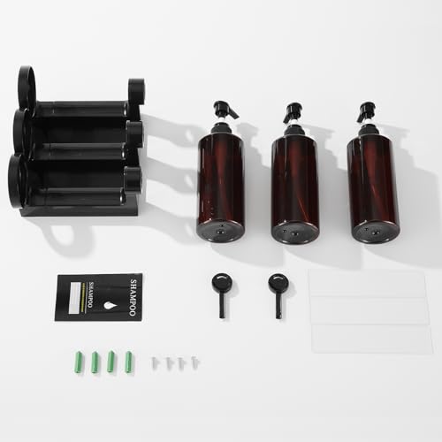 Pollock Shampoo and Conditioner Dispenser Wall Mounted, Shower Soap Dispenser 2 Chamber No Drill, Shampoo Dispenser for Shower, Body Wash Dispenser for Bathroom, Large Capacity, (Brown 3 Chamber) - color: Brown 3 Chamber