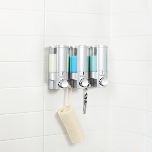 Better Living Aviva Shower Dispenser 3 Chamber, Wall Mount Shower Soap Dispenser for Bathroom Hotel Body Wash, Built-in Hooks, No Drill, Waterproof Shampoo Soap Dispenser, 3 x 11 oz, Satin Silver - color: Satin Silver, size: 3-Chamber