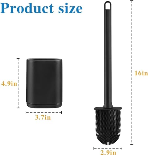 Silicone Toilet Brush and Holder Bendable Efficient Cleaning Wall Mounted Toilet Bowl Brush with Long Handle Brush Head and Silicone Bristles No Rusty Handles Problem (Black) - color: Black