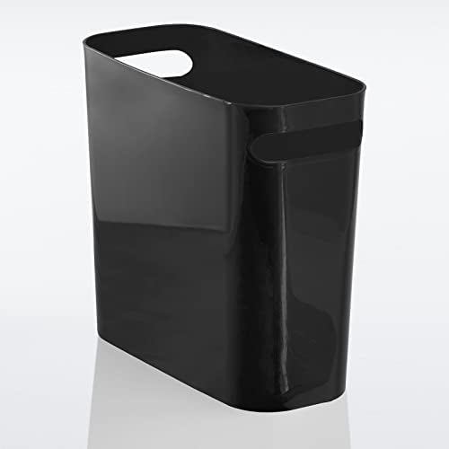 mDesign Plastic Small Trash Can, 1.5 Gallon/5.7-Liter Wastebasket, Narrow Garbage Bin with Handles for Bathroom, Laundry, Home Office - Holds Waste, Recycling, 10" High, Aura Collection, Black - color: Black