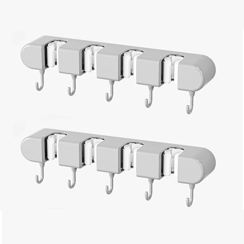 Broom & Mop Holder Wall Mount - 4 Racks & 5 Hooks Storage Organizer for Home, Kitchen, Garage, Garden, Laundry & Bathroom, Space-Saving Utility Rack