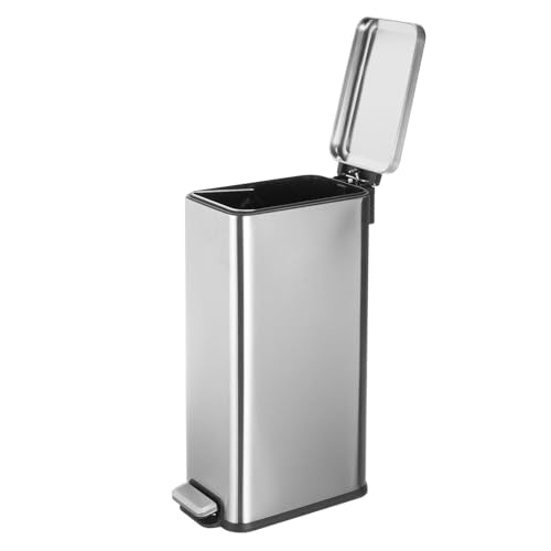 mDesign Slim Metal Rectangle 7.9 Gallon Trash Can with Step Pedal, Easy-Close Lid, Removable Liner - Narrow Wastebasket Garbage Container Bin for Bathroom, Bedroom, Kitchen, Office - Brushed Chrome - color: Brushed, size: 7.9 Gallon