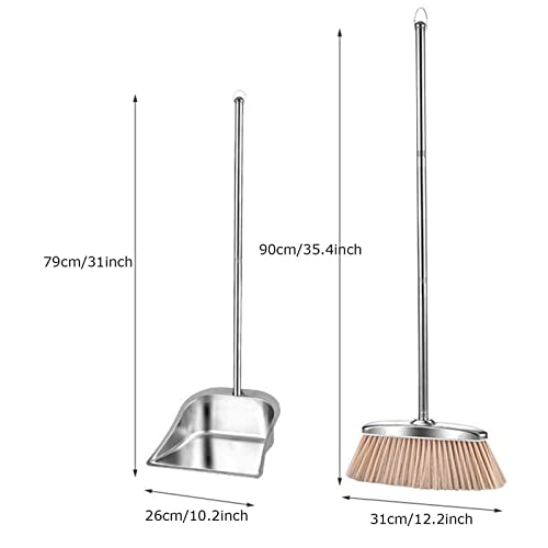 Broom and Dustpan Set for Home, Stainless Steel Broom and Dustpan Set with Long Handle, Heavy Duty Dustpan Broom Set Upright Standing Dust Pan Kitchen and Home Indoor Outdoor