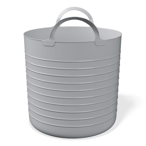 10 Gallon Large Gray Plastic Flex Storage Basket, Lightweight Soft Sided Portable Organizer Bin, Easy Clean Flexible Tote for Bedroom, Closet, Dorm, Laundry & Office Supplies Storage