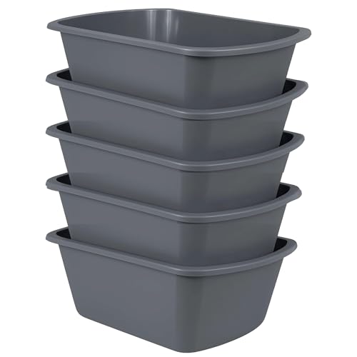 Vakly Wash Basins – Rectangular Plastic Hospital Bedside Soaking Tub (Pack of 5) Small 7 Qt Graduated Bucket - Portable Washbasin for Washing, Cleaning, Foot Bath, Dishes, Face Cleansing Bowl (5)