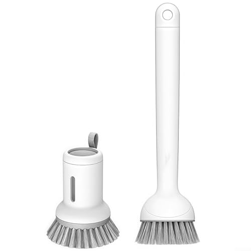 2-Pack Kitchen Cleaning Brushes with Soap Dispenser & 360° Rotating Long Handle – Silicone and PET Dishwashing Tools for Pots, Pans, Sinks, Countertops, Stoves, Tiles, Cutting Boards White - color: White