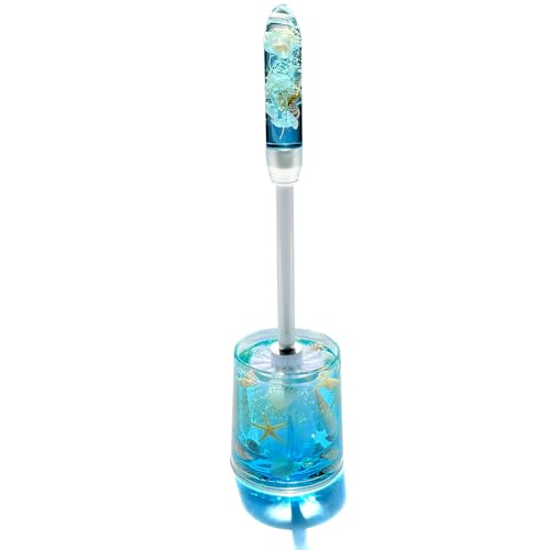 FONMY Toilet Brush and Holder Acrylic with Nature Seashell,Compact Size Toilet Bowl Brush with Plastic Handle Easy to Hide, Drip-Proof,Space Saving for Storage,Easy to Assemble,Deep Cleaning, (Blue)
