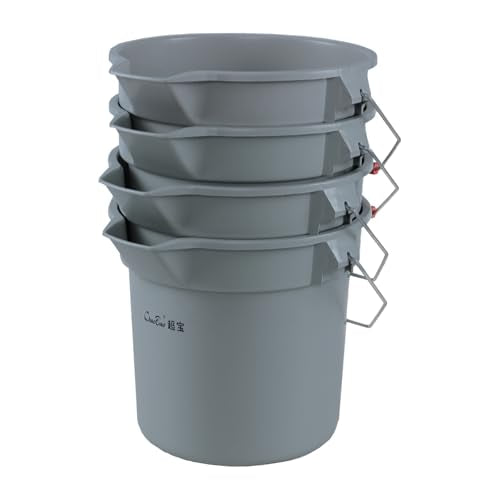 3.5 Gallon Commercial Cleaning Plastic Buckets with Handles, 4-Pack | Gray Industrial Round Utility Pail, Heavy-duty, Construction for Professional/Janitorial Cleaners