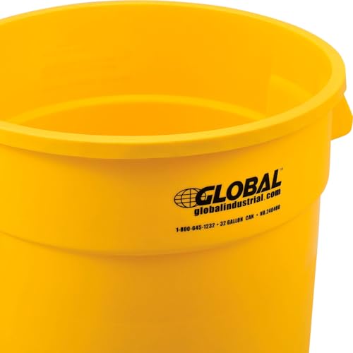 Global Industrial Commercial Round Trash Can, 32 Gallon Capacity, Plastic Garbage Can, Indoor and Outdoor Utility Trash Can, Yellow, 21-3/4"W x 27-1/2"H, No Lid - color: Yellow