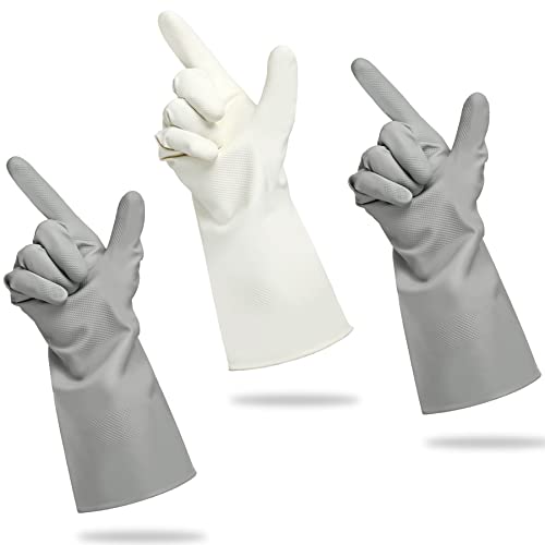 Cleanbear Reusable Dish Washing Rubber Glove Set of 3, Household Cleaning Gloves for Washing - color: Grey, White, size: Medium