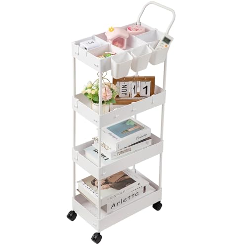 danpinera Storage Cart, 4 Tier Narrow Rolling Storage with Wheels & Dividers, Bathroom Organizer Slim Laundry Cart with Handle Hanging Cups Hooks, White - style: 4 Tier White