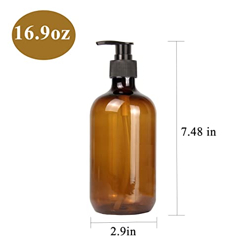 4 Pack 16.9 Oz Shampoo and Conditioner Hand Soap Dispenser Refillable Pump Bottles with Waterproof Labels (Amber)
