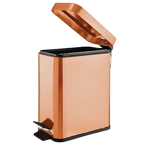 mDesign Small Modern 1.3 Gallon Rectangle Metal Lidded Step Trash Can, Compact Garbage Bin with Removable Liner Bucket and Handle for Bathroom, Kitchen, Craft Room, Office, Garage - Copper - color: Copper, size: 1.3 Gallon
