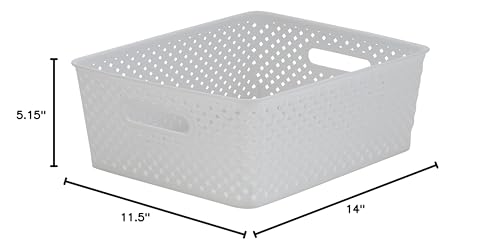 Simplify Medium Resin Wicker Storage Bin | Dimensions: 14"x11.5"x5.15" | Durable | 2 Open Handles | Wicker Design | Light Weight | Home Organization | White
