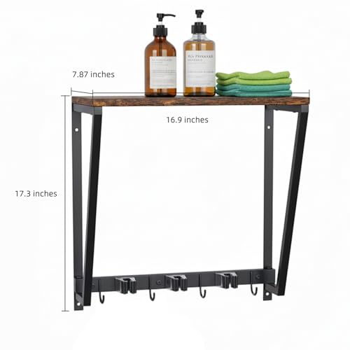Broom Holder Wall Mount with 3 Storage Slots & 4 Utility Hooks, Rustic Wood All-in-One Mop Hanger, Cleaning Supplies Organizer and Tool Storage Rack for Laundry Room, Kitchen, Garage, Garden, Closet
