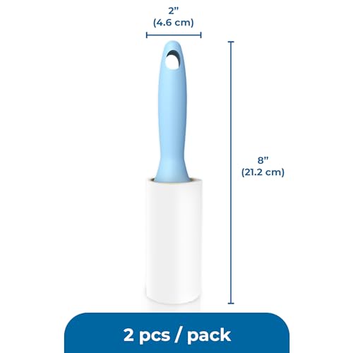 SunGrow Pet Lint Rollers for Dogs and Cats, Extra Sticky Adhesive, 2 Portable Fur/Hair Animal Hair Lifter for Clothes, Furniture, Carpet, Easy to Tear Dust Cleaner Brush, Blue Handle, 8” x 2”