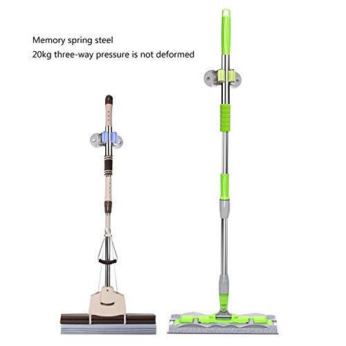 Stainless Steel Mop and Broom Holder, Dual-Purpose Wall Mounted Mop Broom Organizer with 2 Pcs 3M Self Adhesive and Double Screws,Bathroom Kitchen Organizer Rack with Spring Clip Design