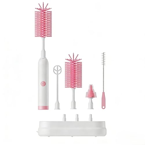 Rechargeable Electric Bottle Brush with Stand - 360° Spin Silicone Cleaner for Baby Bottles, Breast Pumps & Small Household Containers (Pink) - color: Pink