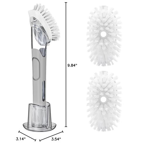 Soap Dispensing Replacement Dish Brush Storage Set with 2 PCS Brush Refills & Holder - RIMAY Dispenser Scrub Cleaning Scrubber Kitchen Dishwashing Dish Wand Handle for Dishes/Pans/Pots/Sink(Grey) - color: Gray