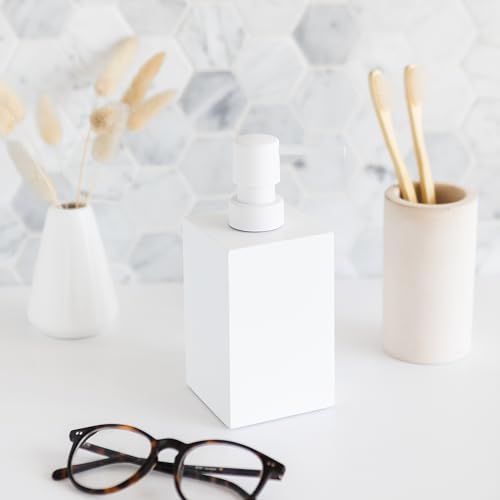Matte White Square Soap Dispenser for Kitchen & Bathroom – 15 oz Refillable Resin Pump Bottle for Dish Soap, Hand Soap, Shampoo, Conditioner – Modern Countertop Dispenser with Non-Slip Protective Pads - color: White, style: Square Soap Dispenser