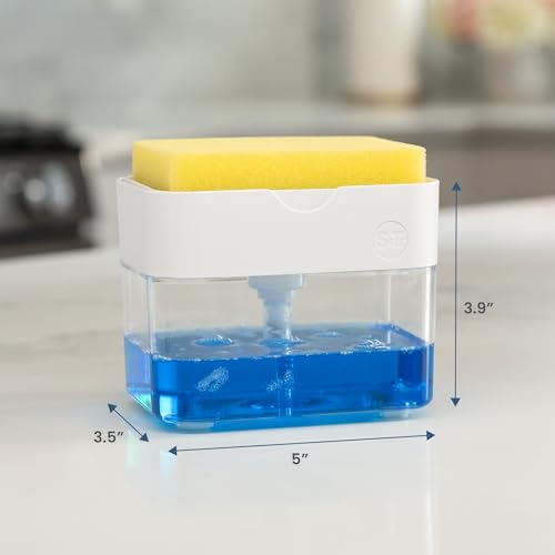 S&T INC. Dish Soap Dispenser and Sponge Holder for Kitchen Sink with Enhanced Features, Sponge Included, 13 Ounces, Matte White - color: Matte White