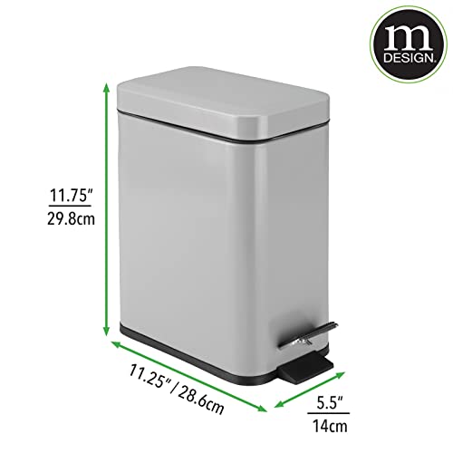 mDesign Small Modern 1.3 Gallon Rectangle Metal Lidded Step Trash Can, Compact Garbage Bin with Removable Liner Bucket and Handle for Bathroom, Kitchen, Craft Room, Office, Garage - Gray - color: Gray, size: 1.3 Gallon