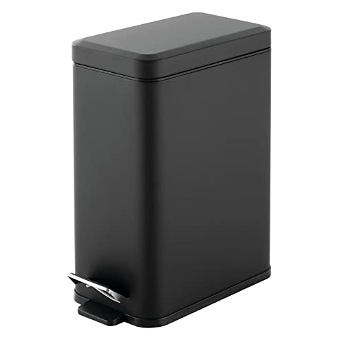 mDesign Pedal Bin — Waste Bin with Pedal, Lid and Plastic Bucket Insert for Bathroom, Kitchen, and Office — Metal Household Rubbish Bin with Ergonomic Design — Black - color: Black, size: 2.6 Gallon