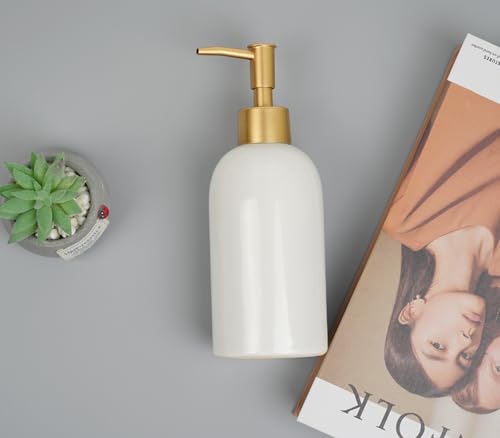 Ceramic Soap Dispenser White with Gold Pump,Simple Design Cylindrical Lotion Dispenser Bottle,Refillable Liquid Hand Soap Dispenser for Kitchen,Bathroom,Washroom - color: White(a)
