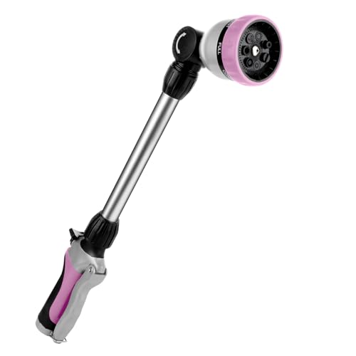 RESTMO Metal Watering Wand, Heavy Duty Garden Hose Wand with 180° Swivel Ratcheting Head, 16'' Hose Nozzle Sprayer with 7 Spray Patterns and Flow Control, for Water Hanging Baskets and Shrubs, Pink - color: Pink