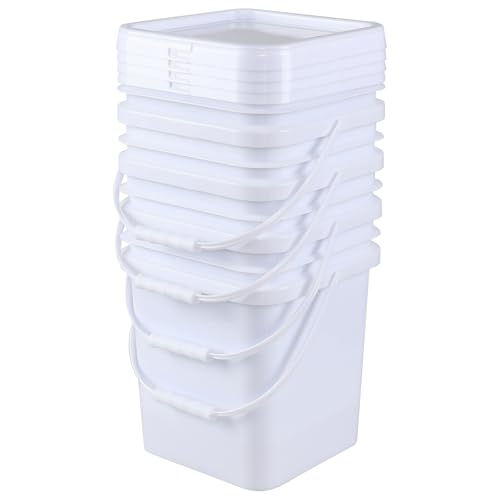 4 Packs Square Food Buckets with Lid, 5 Gallon Plastic Lidded Storage Bucket, Utility Pail, White - size: 5 Gallon