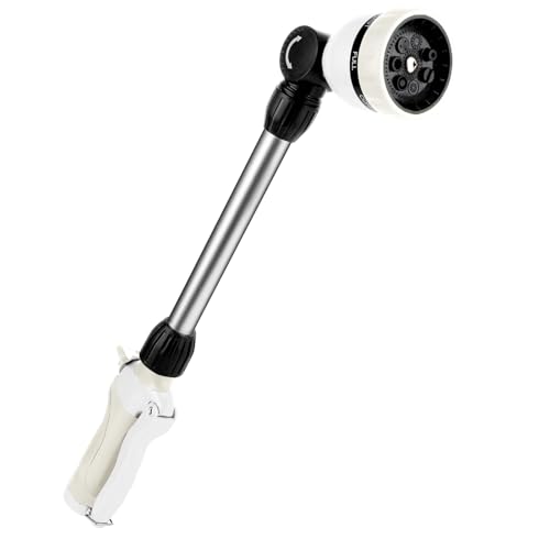 RESTMO Metal Watering Wand, Heavy Duty Garden Hose Wand with 180° Swivel Ratcheting Head, 16'' Hose Nozzle Sprayer with 7 Spray Patterns and Flow Control, for Water Hanging Baskets and Shrubs, White - color: White