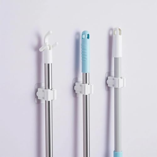 4 Pcs Mop and Broom Holder Wall Mount, Peel and Stick Mop Hanger Hooks, No-Drill Hanging Broom Organizer Storage for Bathroom Kitchen Laundry Room Garage Garden
