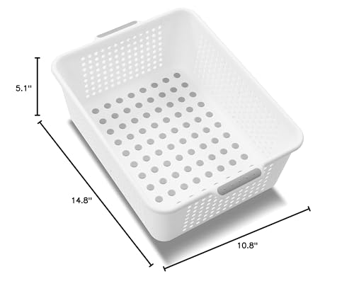 madesmart Medium Storage Basket, Multipurpose Organizer with Soft-Grip Handles, Ventilated Design for Laundry, Bath & Kitchen Storage, White, 14 x 10 x 5" - size: Medium