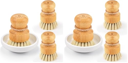 Bamboo Dish Scrub Brushes,Kitchen Wooden Cleaning Scrubbers Set for Washing Cast Iron Pan/Pot, Natural Sisal Bristles, Set of 3 (Pack of 2) - color: Ceramics Base + 3p Sisal Brushes, size: Regular size (Pack of 2)