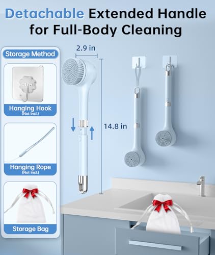 Electric Body Brush Back Scrubber for Shower, Waterproof Rechargeable Auto Bath Brush with Long Handle, 5 Replaceable Heads & 3 Speeds, Deep Cleansing Exfoliating Massage Spin Scrubber for Men & Women - color: Blue.