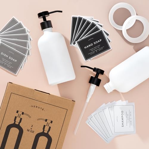 Hand and Dish Soap Dispenser for Kitchen and Bathroom, Set of 2 16 Oz Glass Bottles, Stainless Steel Pumps, Non-Slip Silicone Base, 27 Waterproof Labels (Matte White Bottle/Black Pump) - color: Matte White Bottle / Black Pump