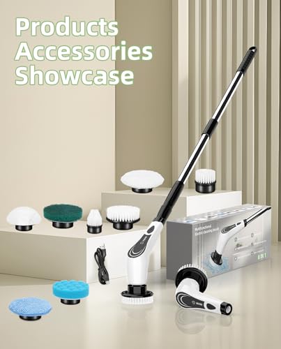 Cordless Electric Spin Scrubber, 8-in-1 Bathroom Cleaner | LED display, dual speeds, IPX7 wet-area design, and interchangeable heads for tile, grout, tub, shower, glass - size: 8heads