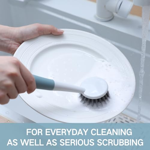 Patelai 12 Pack Kitchen Scrub Dish Brush with Long Handle Dish Scrubber with Stiff Bristles Scrub Brushes for Kitchen Dishes Washing Tools, Pots, Pans and Sink Cleaning (Celadon) - color: Celadon