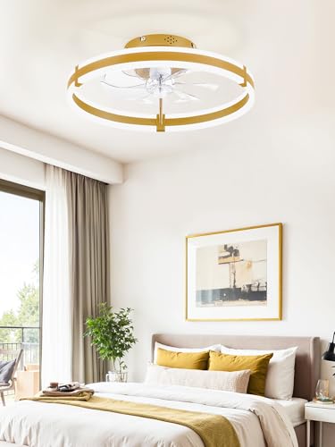 ZMISHIBO Ceiling Fans with Lights and Remote, 19.7'' Low Profile Ceiling Fan, 3000-6000K Dimmable Modern Flush Mount LED Fan Light, 6 Wind Speeds, Gold Fandelier Ceiling Fans for Bedroom - color: Gold, size: 19.7 INCH