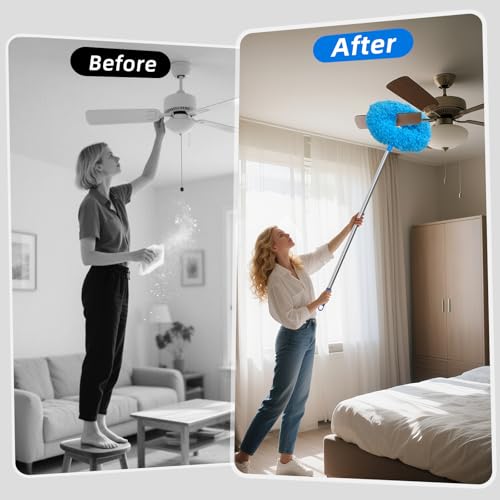 DRQ Ceiling Fan Cleaner Duster, Reusable Microfiber Duster with Extension Pole, 13 to 48 Inch Fan Blade Cleaner, Removable Dusters for Cleaning Walls Bookshelves Door Window Top (Blue) - color: Blue