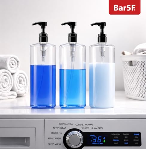 Bar5F Empty Pump Bottles 32 oz. (1-Liter) BPA-Free Crystal-Clear USA 2-Pack | Large Refillable Containers for Shampoo, Conditioner, Body Wash, Lotion, Gel, Laundry Detergent, Hand Soap