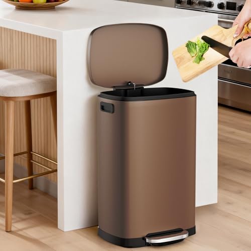 ELPHECO LPHECO Kitchen Trash Can with Lid Soft Close, 13 Gallon / 50L Stainless Steel Pedal Garbage Can, Heavy-Duty Step Wastebasket with 20 Bags, Removable Bucket, Home Office, Kitchen, Brown - color: Brown