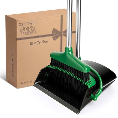 Broom and Dustpan Set with Long Handle, Light Weight Stainless Steel Poles Stand Upright Dustpans with Broom Combo for Home Kitchen Office Pet Dog Hair, 1-Pack(Black Green) - color: Black Green