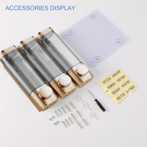 Shower Soap Dispenser Wall Mounted Shampoo and Conditioner Dispenser No Drill 3 Chamber Large Capacity for Bathroom Hotel, Gold - color: Gold