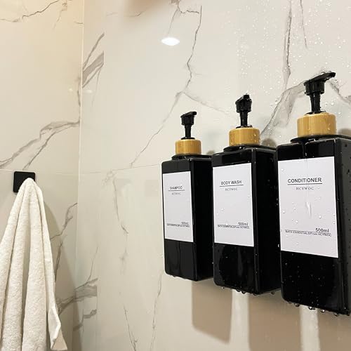 Shampoo Dispenser for Shower Wall, Shampoo and Conditioner Dispenser with 16 Waterproof Labels, No Drill Shower Soap Dispenser Bathroom, Shower Soap Dispenser Wall Mounted, 17oz, Bamboo(Black) - color: Black Bottle + Bamboo Pump